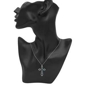 Collar con Colgante de Cruz, Plata de Ley 925, Diamantes Blancos y Azules, Corte Redondo, Bañado en Rodio, Cadena de Serpiente, Estilo Religioso - Product Image 4