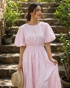 Robe longue rose évasée à manches bouffantes, taille haute, coupe trapèze, en Spandex/Polyester, infroissable, pour soirée décontractée, à ourlet superposé uni, style simple - Product Image 3