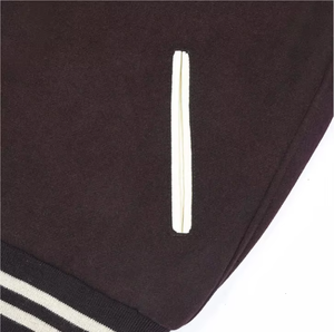 Men's Dark Chocolate <b>Brown</b> Varsity Jacket With Cream Contrast Sleeves Ribbed Stripe Collar Snap Button Closure Casual Outerwear - Product Image 4
