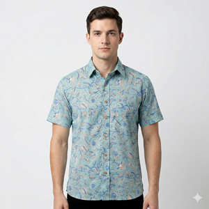 Chemise décontractée pour homme à manches courtes, imprimé cachemire, en coton, col rabattu, respirante, tissée en popeline, pour l'été - Product Image 1