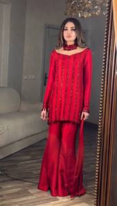 <b>Red</b> Women Indian Pakistani Suit Set Embroidered Crepe Kurta Palazzo Elegant Festive Outfit - Product Image 4