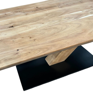 Table de salle à manger et de cuisine unique en bois d'acacia massif avec bord naturel, design grainé, piétement en métal et en bois - Product Image 5