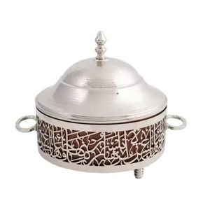 Plat à réchaud rond en acier inoxydable finition antique avec pieds courbés et brûleur à combustible, chauffe-plats professionnel pour buffet classique - Product Image 3