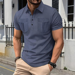 Chemise à manches courtes blanche pour homme, couleur unie, décontractée, en polyester/coton, tissu tricoté de haute qualité, deux poches poitrine, col rond - Product Image 2