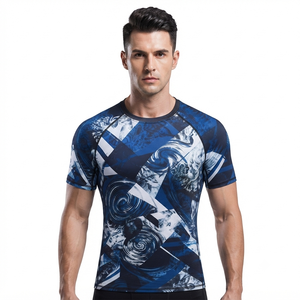 Chemise de compression à manches courtes pour homme, imprimé par sublimation, séchage rapide, spandex, polyester, motif bleu et blanc - Product Image 1