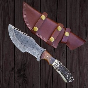 Couteau de chasse droit en acier Damas de qualité industrielle, fait main sur mesure, avec manche en corne, 10 pouces, pointe tombante, pour le camping - Product Image 4