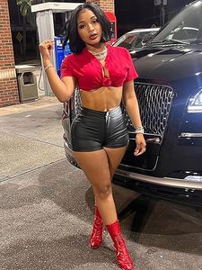 Trendy Women's Faux Leather Hot Pants OEM Custom Logo PU Leather Shorts for Fashion <b>Clothing</b> Brands - Product Image 5