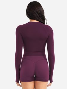 Ensemble 2 pièces décontracté d'été pour femme : haut de yoga à manches longues et short froncé aux fesses, ensemble t-shirt assorti à col rond uni pour la course à pied - Product Image 3