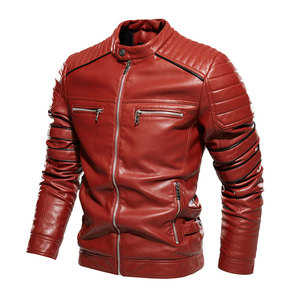 Men's Red PU Leather Motorcycle <b>Jacket</b> <b>Slim</b> <b>Fit</b> Stand Collar Zipper Closure Moto Biker Style Autumn Wear - Product Image 1