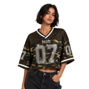 Women Camouflage Custom Print Crystal <b>Rhinestone</b> Cropped American Football Jersey Boxy Fit Sparkling Vintage Camo Crop <b>Mesh</b> <b>Top</b> - Product Image 1