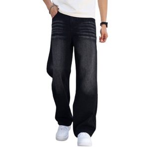 Jeans de Mezclilla para Hombre, Estilo Retro Vintage, Negros, Lavado con Efecto Whisker, Corte Recto, Pierna Ancha, Ecológicos, Transpirables, Moda Urbana, Tallas 28-42 - Product Image 1