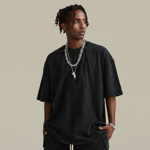 Heavyweight Knitted Cotton Solid Vintage <b>Black</b> T-<b>Shirt</b> | Acid Wash Oversized Crew Neck Distressed Mens Tee Wholesale - Product Image 1