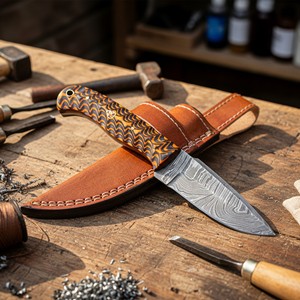 Cuchillo de Camping Hecho a Mano en Acero de Damasco con Hoja de Punta Caída, Mango de Madera Grabado y Funda de Cuero (8 pulgadas de largo total) - Product Image 2