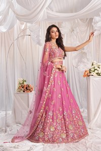 Pink Floral Embroidered Lehenga Choli Set Zari <b>Sequin</b> Organza Georgette Dupatta Wedding Party Dress for Women - Product Image 3