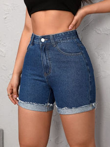 Shorts de Mezclilla Ajustados de Cintura Media para Mujer, Casuales de Verano, con Cierre de Botones, Lavado Claro, 100% Algodón, Tela de 400g, Bordado - Product Image 3