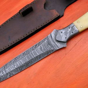 Cuchillo de Hoja Fija de Acero de Damasco, Cuchillo de Caza con Punta Caída, Grosor de 0.6mm, Mango de Marfil, Funda de Cuero - Product Image 2