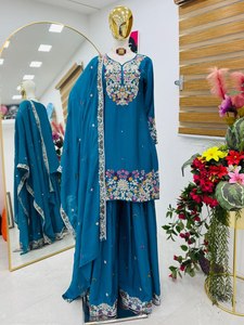 Women Embroidered Salwar Kameez Sharara Suit Heavy <b>Sequin</b> Traditional Dress for Wedding Party Diwali - Product Image 4