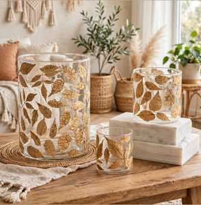 Round <b>Glass</b> <b>Hurricane</b> <b>Candle</b> <b>Holder</b> Gold Leaf Decal Heat Resistant High Quality Christmas Home Decoration - Product Image 1