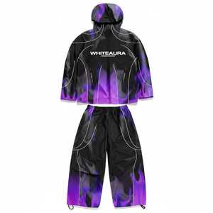 Ensemble coupe-vent en nylon léger violet uni avec logo personnalisé, streetwear, survêtement ample, veste à capuche imperméable, pantalon, ensemble 2 pièces - Product Image 1