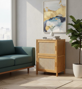 Meuble de rangement à 2 niveaux en bambou naturel et rotin avec portes en cannage, style scandinave, pour chambre et salon, fabriqué au Vietnam - Product Image 6