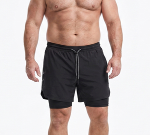 Men Plus Size Double <b>Layer</b> Shorts Gym Fitness Wear Drawstring Waist Compression Dual Shorts Back Zipper Pocket Running Shorts - Product Image 1