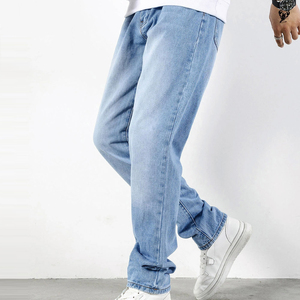 Men's Straight Fit Stonewashed Denim <b>Jeans</b> Light Blue <b>Elastic</b> <b>Waist</b> Casual Style 100% Cotton Breathable Lightweight Spring Wear - Product Image 2