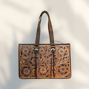 Nuevo Diseño, Gran Venta 2026, Bolso Tote de Playa Bohemio de Cuero Genuino Marrón, Bolso de Mano de Lujo Premium para Mujer con Patrón Floral y Cierre - Product Image 1