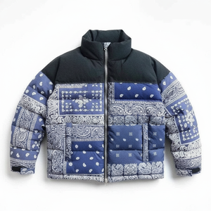 Chaqueta Acolchada Azul para Hombre, con Parches, Cuello Alto, Resistente al Viento, Informal de Invierno, Gruesa, con Relleno de Poliéster, Corte Regular, Cierre de Cremallera - Product Image 1