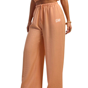Pantalones Anchos de Mujer Color Durazno, Tejidos, con Cordón Ajustable, Corte Relajado, Casuales, Ligeros, Cómodos para Uso Diario - Product Image 5