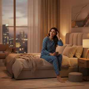 Ensemble de vêtements de nuit en coton bleu pour femmes, imprimé ethnique, kurta avec pyjama droit, vêtements de maison confortables - Product Image 2