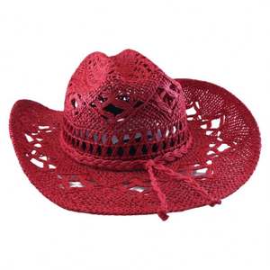 Chapeau de soleil en paille ajouré pour femme et fille, style vacances, avec ceinture tressée, modèle cowboy rouge tendance - Product Image 4