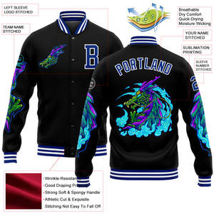 Chaqueta Varsity Negra Personalizada para Hombre con Cuello Alto y Gráfico de Dragón, Impresión en Relieve y Nombre Personalizado, Chaqueta Sublimada - Product Image 2