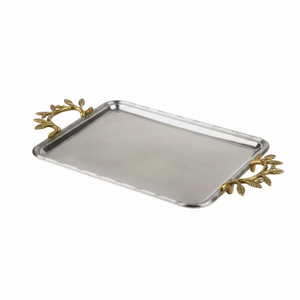 Plateau de service en aluminium argenté pour collations, ustensile de cuisine, plateau de service pour aliments et boissons avec poignées en forme de branches - Product Image 1
