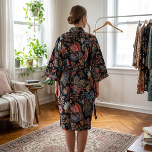 Bata Kimono de Algodón Hecha a Mano para Mujer, Estampado Floral Negro, Manga Larga, Cuello en V, Bata Larga para Descansar, Bata de Noche - Product Image 5