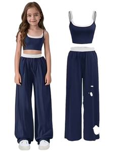 ชุดเสื้อกล้ามและกางเกงขายาวเด็กผู้หญิง 2 ชิ้น สไตล์ยุโรป-อเมริกัน สีบล็อก  รับสั่งทำสีได้ ผ้าฝ้ายออร์แกนิคกันยับ ดีไซน์ 3 มิติ - Product Image 2