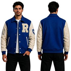 Chaqueta Varsity Retro Beige con Mangas de Cuero, Cuerpo de Lana Premium, Mangas Marrones, Cuello Plegable, Chaqueta Letterman para Hombre - Product Image 3
