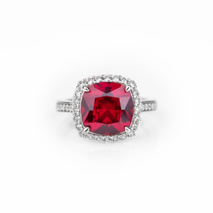 Women's 925 Sterling Silver Ruby <b>Cushion</b> Cut Halo Cocktail Ring Rhodium Plated Luxury <b>Statement</b> Fine Jewelry - Product Image 5