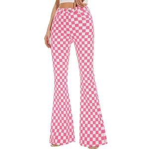 Pantalon évasé à carreaux rose et blanc pour femme, taille haute, coupe ample, décontracté, longueur intégrale, avec poches et fermeture boutonnée - Product Image 1