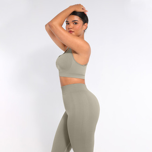 Ensemble de yoga pour femme : Soutien-gorge de sport et leggings taille mi-haute longueur intégrale, à carreaux, froncé, sans couture, taille élastique, marron, 2 pièces, tenue de sport - Product Image 4