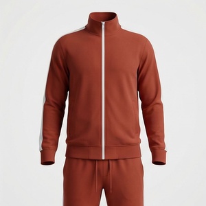 Men's Rust <b>Red</b> Full Zip Tracksuit Solid Color Stand Collar Casual Sportswear With Side Pockets Breathable Polyester <b>Material</b> - Product Image 1