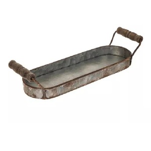 Bandejas de Servir Rústicas de Metal Galvanizado, Ecológicas, Aptas para Lavavajillas, con Asa de Madera, Ovaladas, Decoración Rústica para el Hogar, Hechas a Mano - Product Image 1