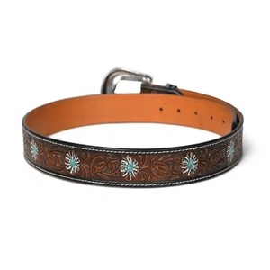 Western Floral Cow Hide <b>Leather</b> Belt With Silver Buckle Casual Style Durable Unisex Western <b>Leather</b> <b>Tooling</b> Belt Best Price - Product Image 1