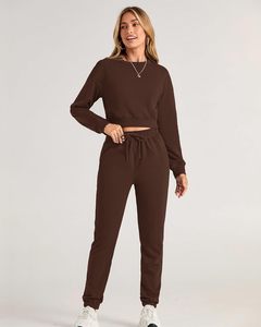 Conjunto Deportivo Informal Marrón para Mujer, Manga Larga, Cuello Redondo, Color Sólido, Pantalones con Cordón, Corte Holgado, Ropa de Otoño - Product Image 3