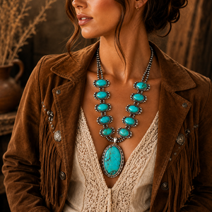 Western Turquoise Squash Blossom <b>Necklace</b> Long <b>Statement</b> Natural Stone Jewelry for Women Gift Wear - Product Image 1