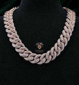 Navkar Diamonds Silver Plated Moissanite <b>Statement</b> <b>Necklace</b> Round Brilliant Cut Cuban Chain Women's Luxury Design - Product Image 3