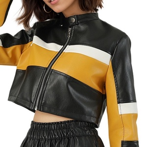 New <b>Ladies</b> <b>Cropped</b> Biker Leather <b>Jacket</b> Long Sleeve Waterproof Winter Outwear with Stand Collar Solid Pattern Motorcycle <b>Jacket</b> - Product Image 3