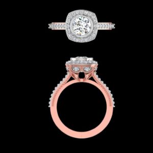 Luxury 1.57ctw Rose <b>Gold</b> Bezel <b>Set</b> Cushion Halo Round Diamond Engagement <b>Ring</b> With Ornate Scalloped Gallery And Pave Side Stones - Product Image 1