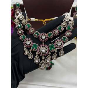 Indian Ethnic Gold Plated <b>Bridal</b> Moissanite <b>Necklace</b> & <b>Earring</b> <b>Set</b> - Product Image 3