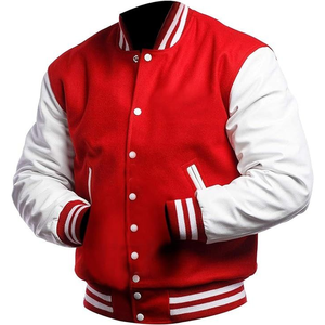 Veste universitaire rouge et blanche pour homme, col rabattu, fermeture boutonnée, style preppy, vêtement d'automne, coupe classique, matière polyester et coton - Product Image 1