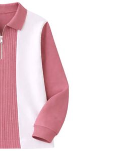 Sudadera Polo Personalizada para Hombre, Rosa y Blanca, con Cierre de Cremallera de un Cuarto, Paneles Acanalados, Estilo Casual, Forro Polar, Manga Larga, Prenda Superior de Estilo Urbano, Ajuste Premium - Product Image 4